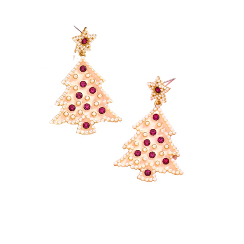 Pink Rhinestone Christmas Tree Earrings