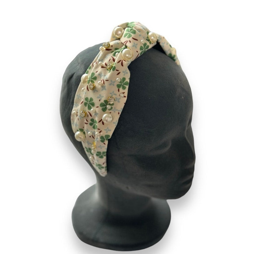 Rhinestone and Pearls Floral Headband Green