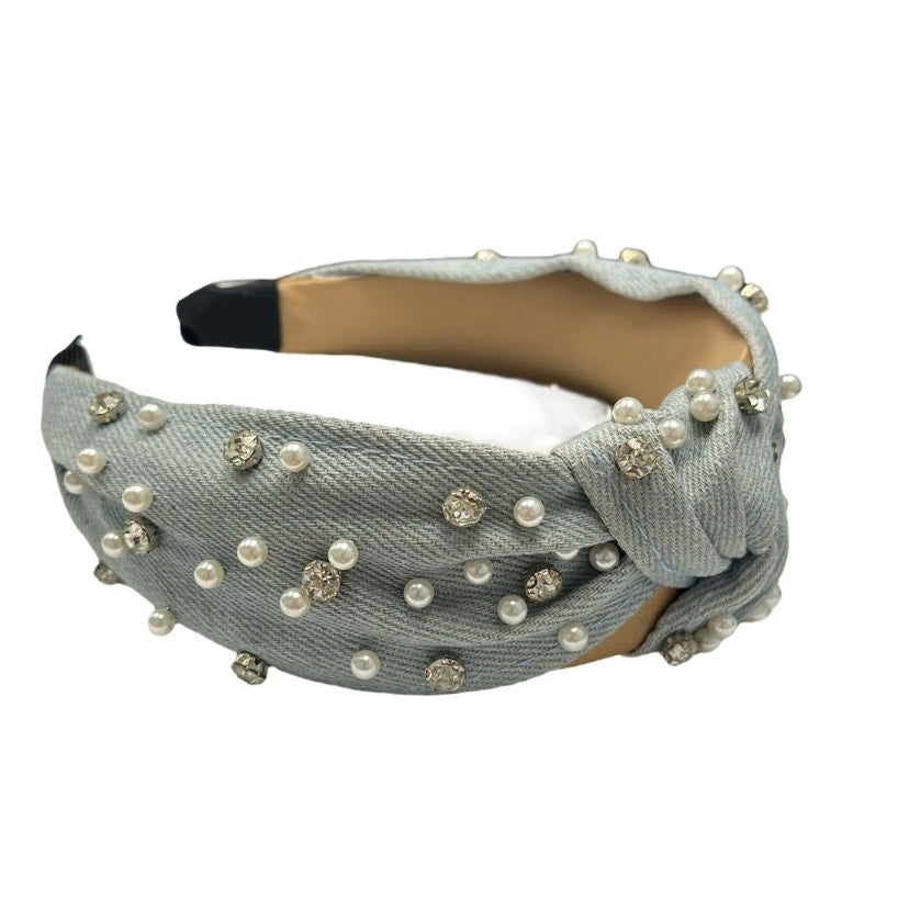 Rhinestones and Pearls Headband Light Blue