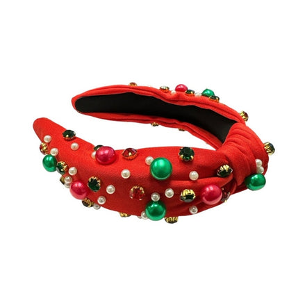 Rhinestone and Pearl Headband Red Christmas