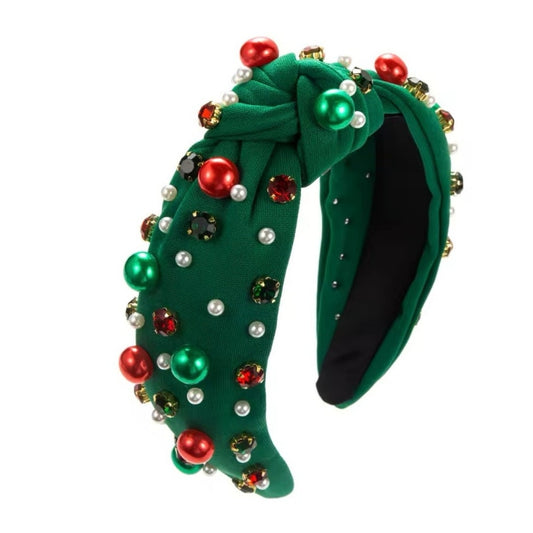 Rhinestone and Pearl Headband Green Christmas