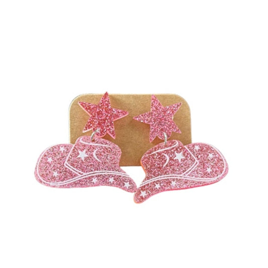 Pink Glitter Cowboy Hat Earrings Cowgirl