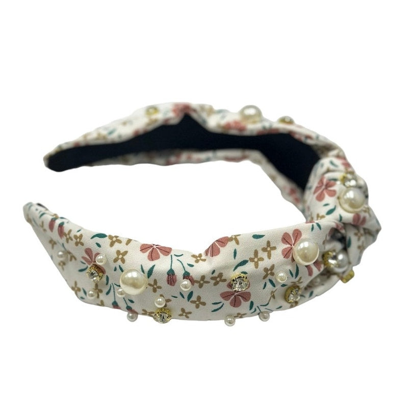 Rhinestone and Pearls Floral Headband Brown