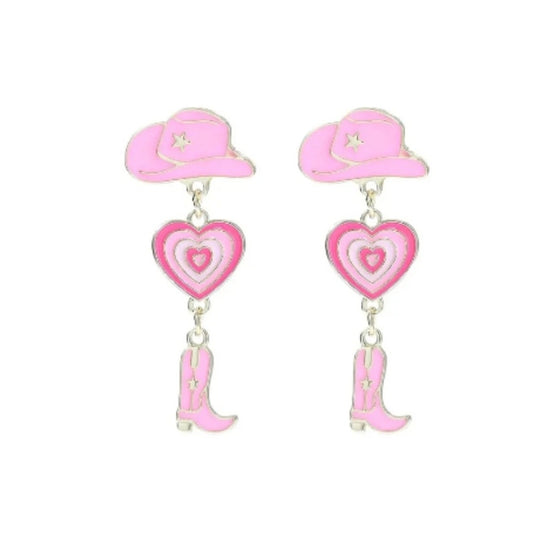 Cowboy Hat Heart Shaped Boots Pink Earrings