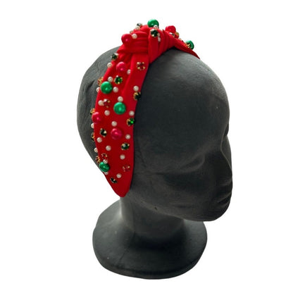 Rhinestone and Pearl Headband Red Christmas