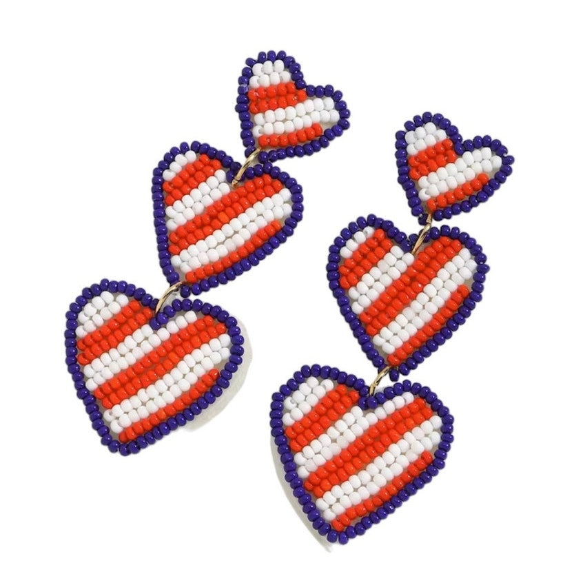 Beaded Earrings Red White Blue Heart