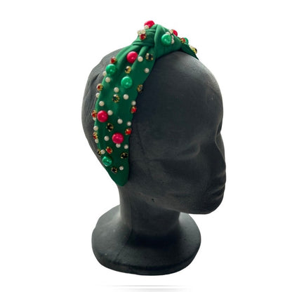 Rhinestone and Pearl Headband Green Christmas