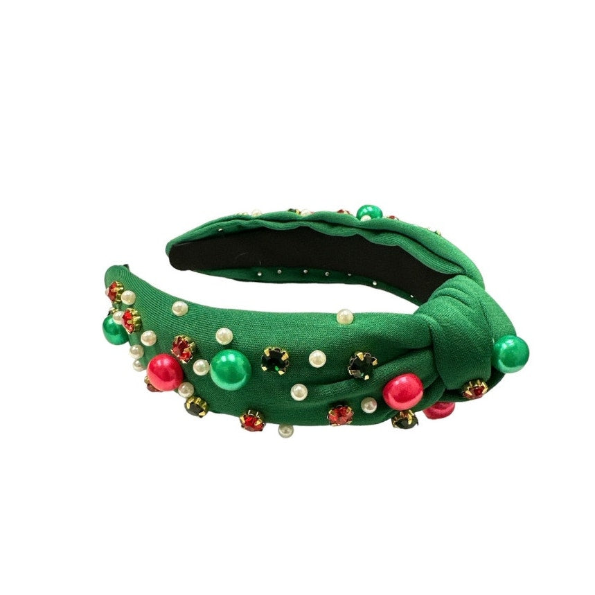 Rhinestone and Pearl Headband Green Christmas